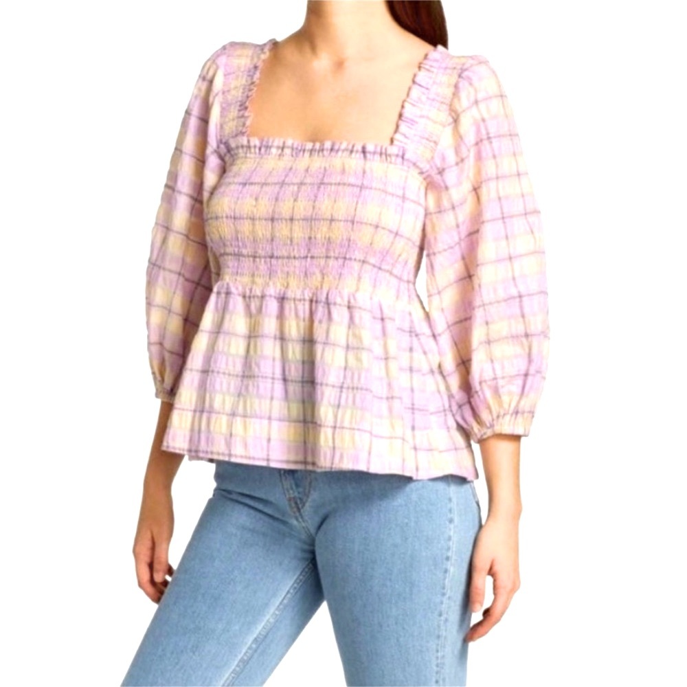 Ganni Seersucker Checked Blouse stretches a lot Square-neck 3/4 puff sleeves